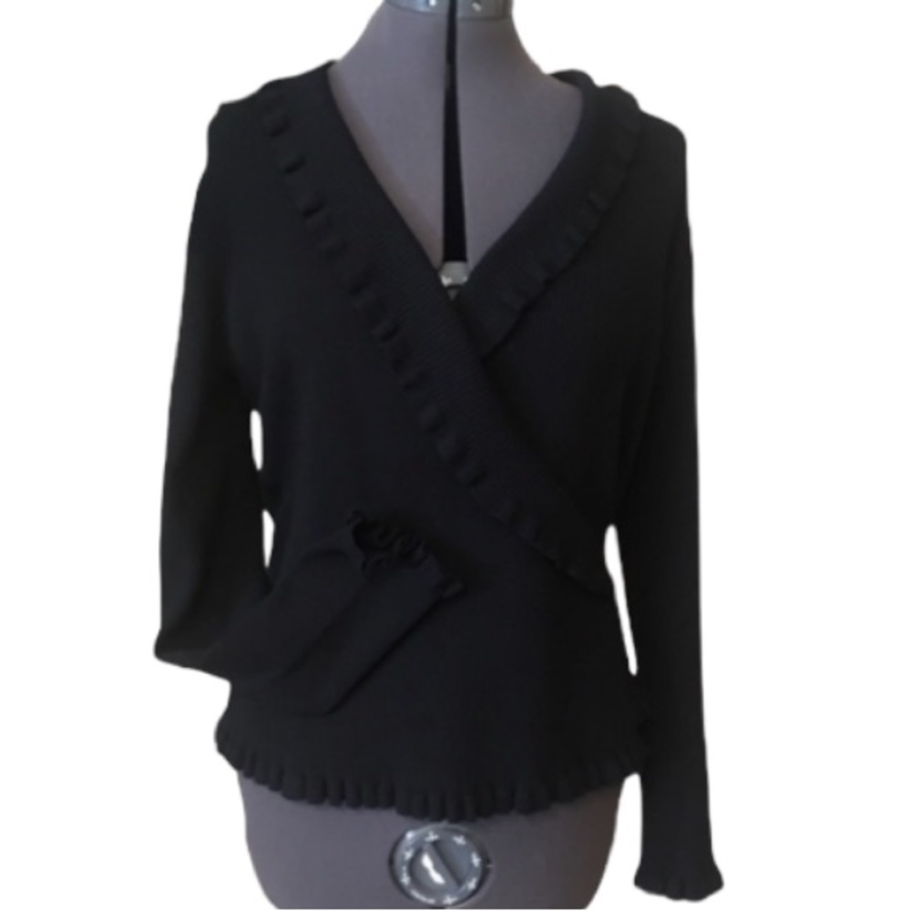 Jones New York Black Knit Ruffle Wrap Sweater Size Medium